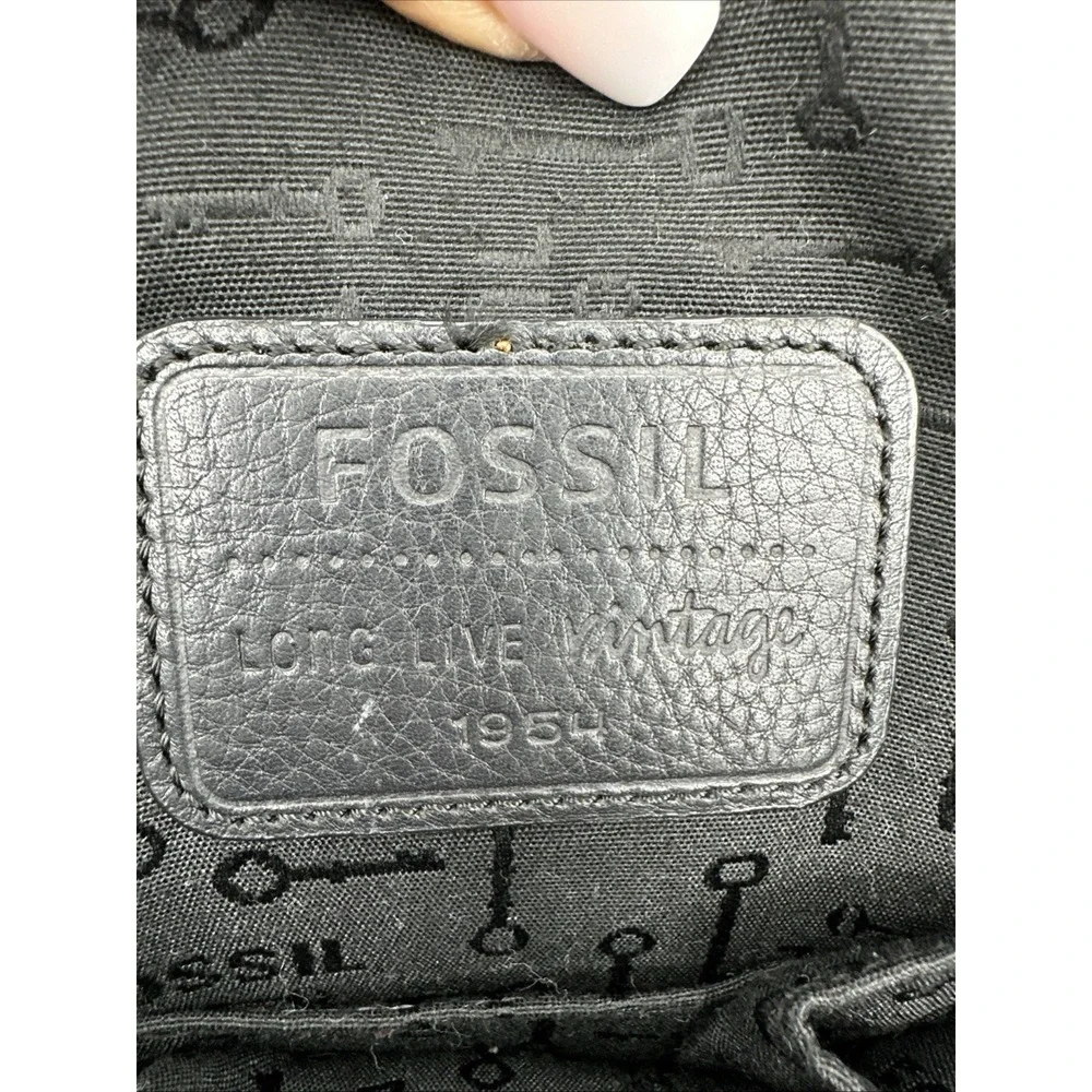 FOSSIL Leather Long Live Vintage 1954 Laptop Tote Shoulder Bag In Black